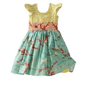 Hopscotch design toddler girls, yellow and aqua medallion, bird, flutter dress s